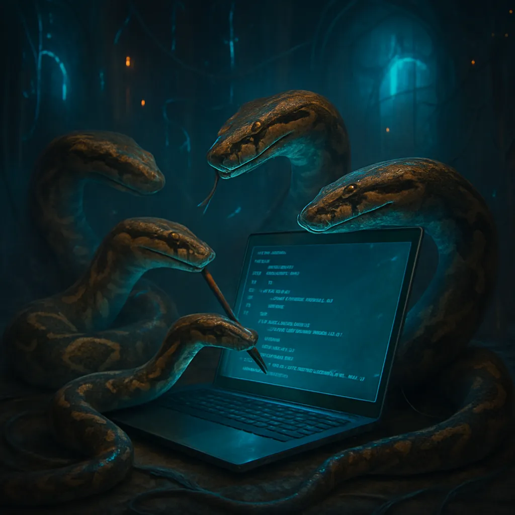 The dreamer sees pythons engaged in the act of writing in the Python programming language.