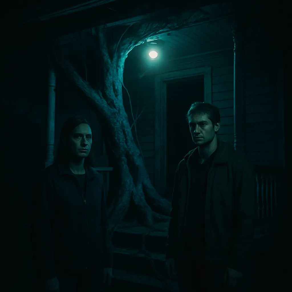 In a dark setting, the dreamer is with their older sister and ex, reflecting on familial and relationship dynamics involving anger. They encounter a tree growing into a house porch, signifying growth, while searching for someone amid a sense of panic.