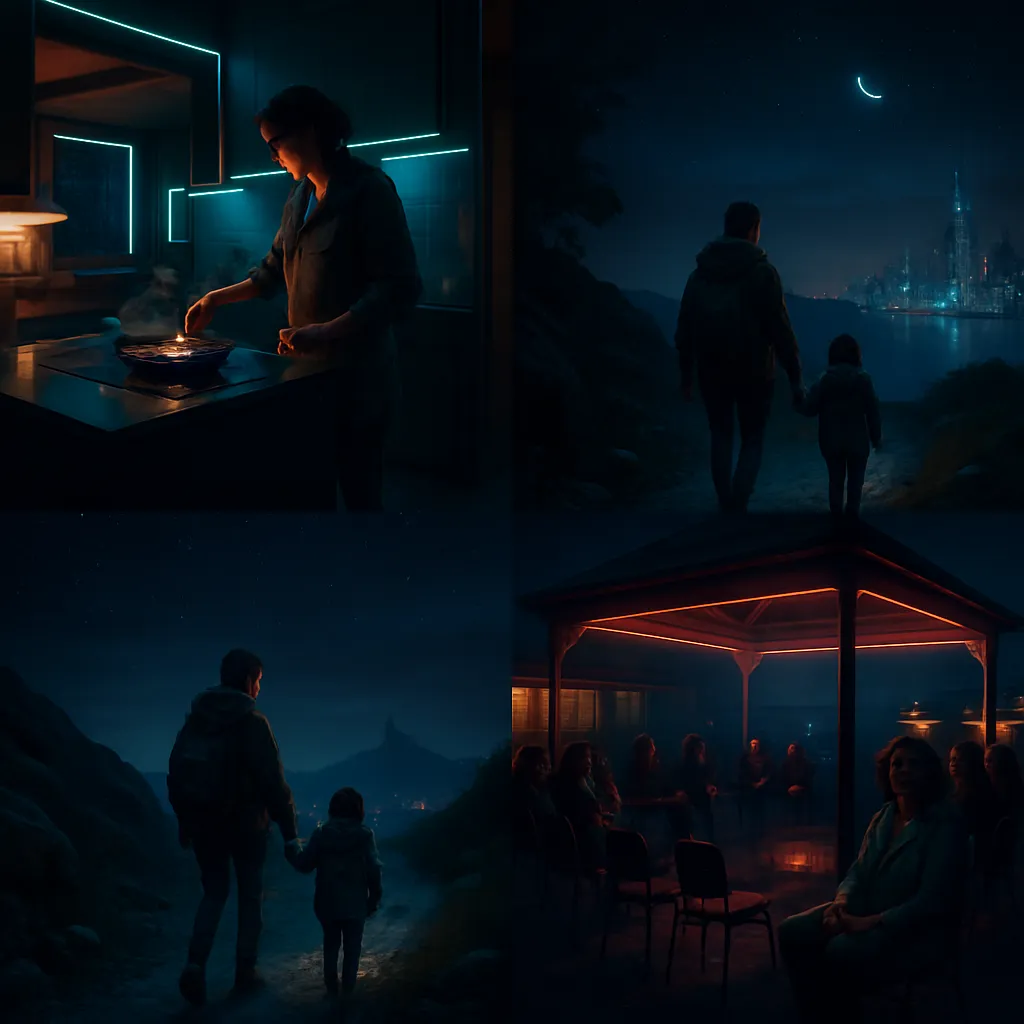 The dream begins in an open concept house where the dreamer cooks an unusual meal, then embarks on a nighttime walk with a child, symbolizing exploration and protection. The dream transitions to a marina for a baby shower, highlighting social anxiety and unmet expectations.