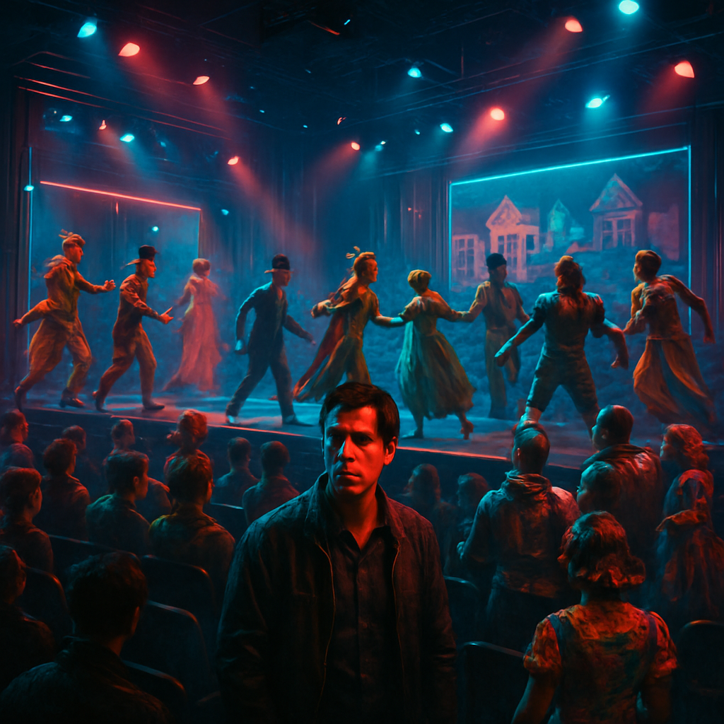 The dream depicts a colorful and chaotic scene where plays are unfolding simultaneously, with people actively moving in their roles, creating a confusing environment for the dreamer.