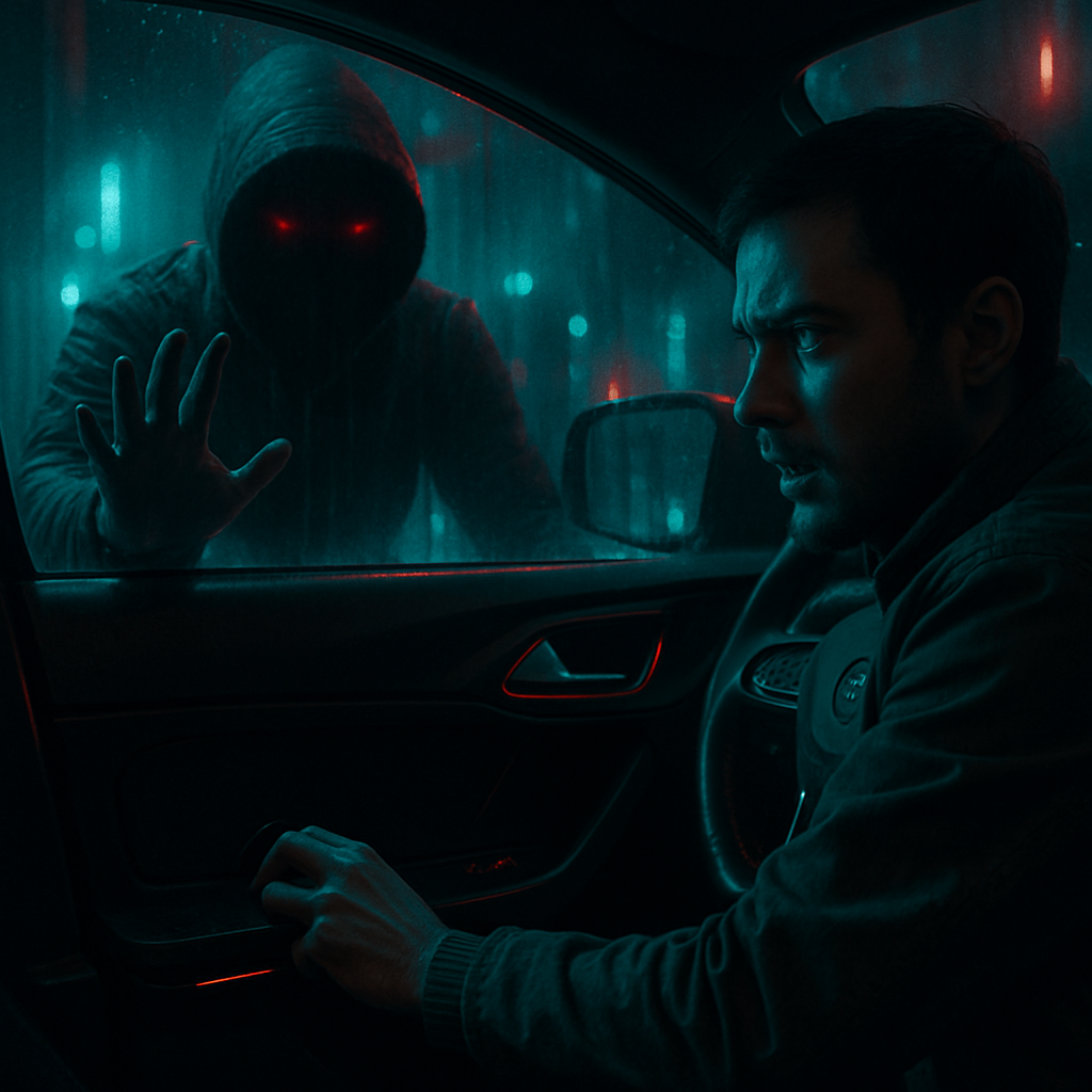 The dreamer is trying to secure their car by locking the door while someone attempts to break in.