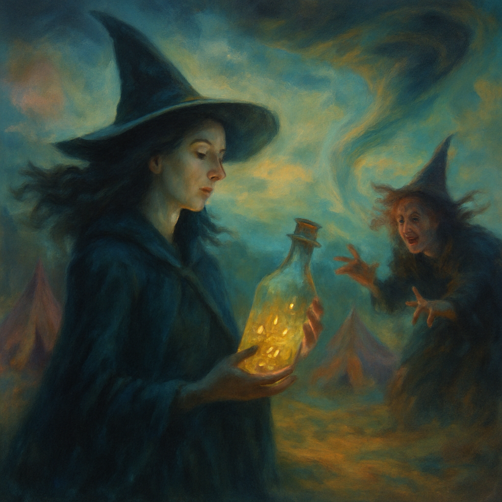 The dream took place in a witch camp, where the dreamer, a powerful witch, faced off against another witch determined to revive someone. The dreamer held the weather-controlling power and ultimately took a special bottle with gold objects.