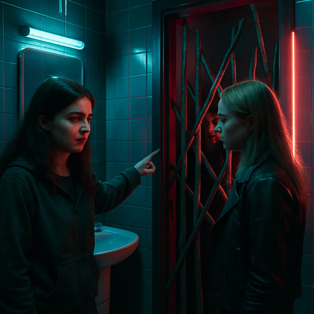 The dreamer is in a bathroom with the door blocked by sticks, and their childhood best friend highlighting the obstruction. This reflects real-life stress from a deceitful woman affecting their family.