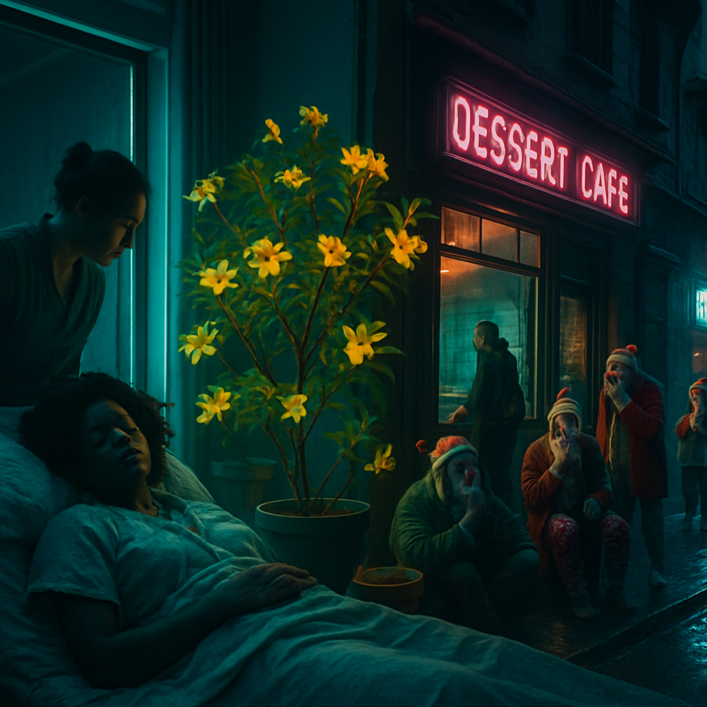 Mary needs heart surgery occurring in a house's back bedroom. Post-surgery, yellow flowers bloom on what seemed to be a single tree. Though meant to signify growth, these flowers appear to be multiple potted plants. A man advises providing hot chocolate or matcha, but a hurried move to a village's dessert cafe leads to encountering the homeless dressed as clowns, causing unease due to COVID.