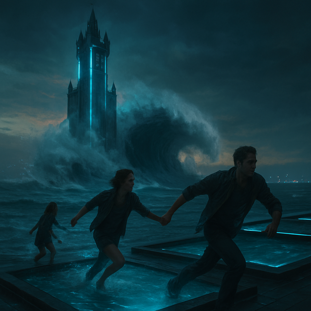 The dreamer is at the ocean with others when a castle-like tower rises from the water, signaling a forthcoming tidal wave. They run with a man who leads them, jumping into pools of water despite reluctance.