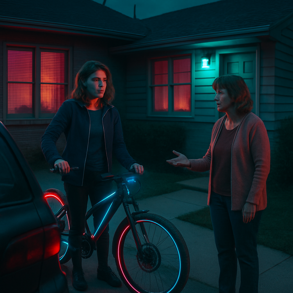 The dreamer transitions from a car ride with Kathryn to using a bike where confusion arises around ownership. The dream continues in a setting with familiar faces, highlighting a nurturing aspect amidst a social atmosphere.