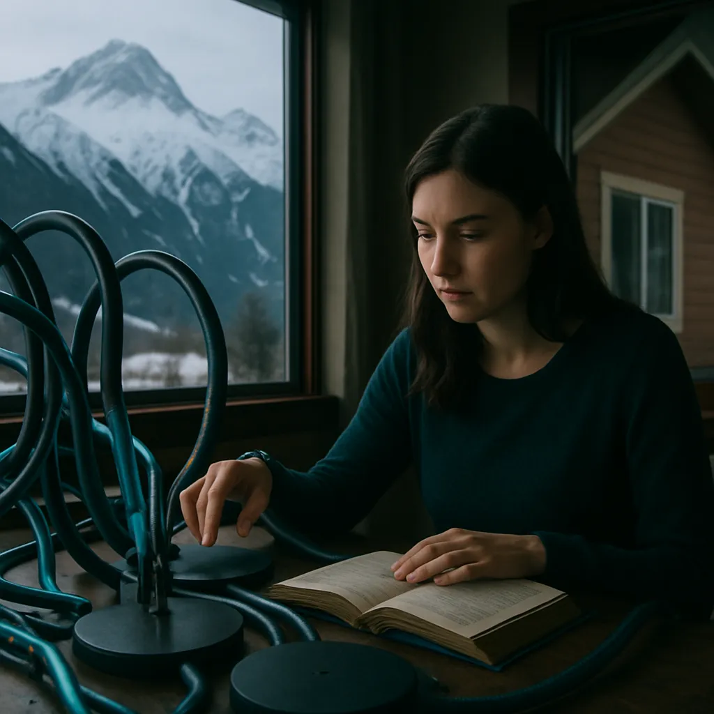 In a house with snowy mountains, tubes and black discs appear connected to dream knowledge, with a woman learning amidst uncertainty.
