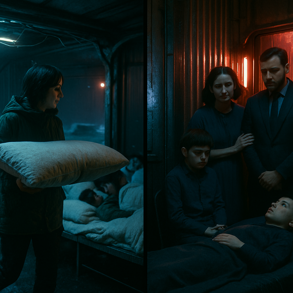 The dreamer carries a pillow into an outdoor shelter, offering comfort to sleeping people. The scene shifts to a family dressed in blue mourning a deceased child, highlighting themes of support, warmth, and loss.