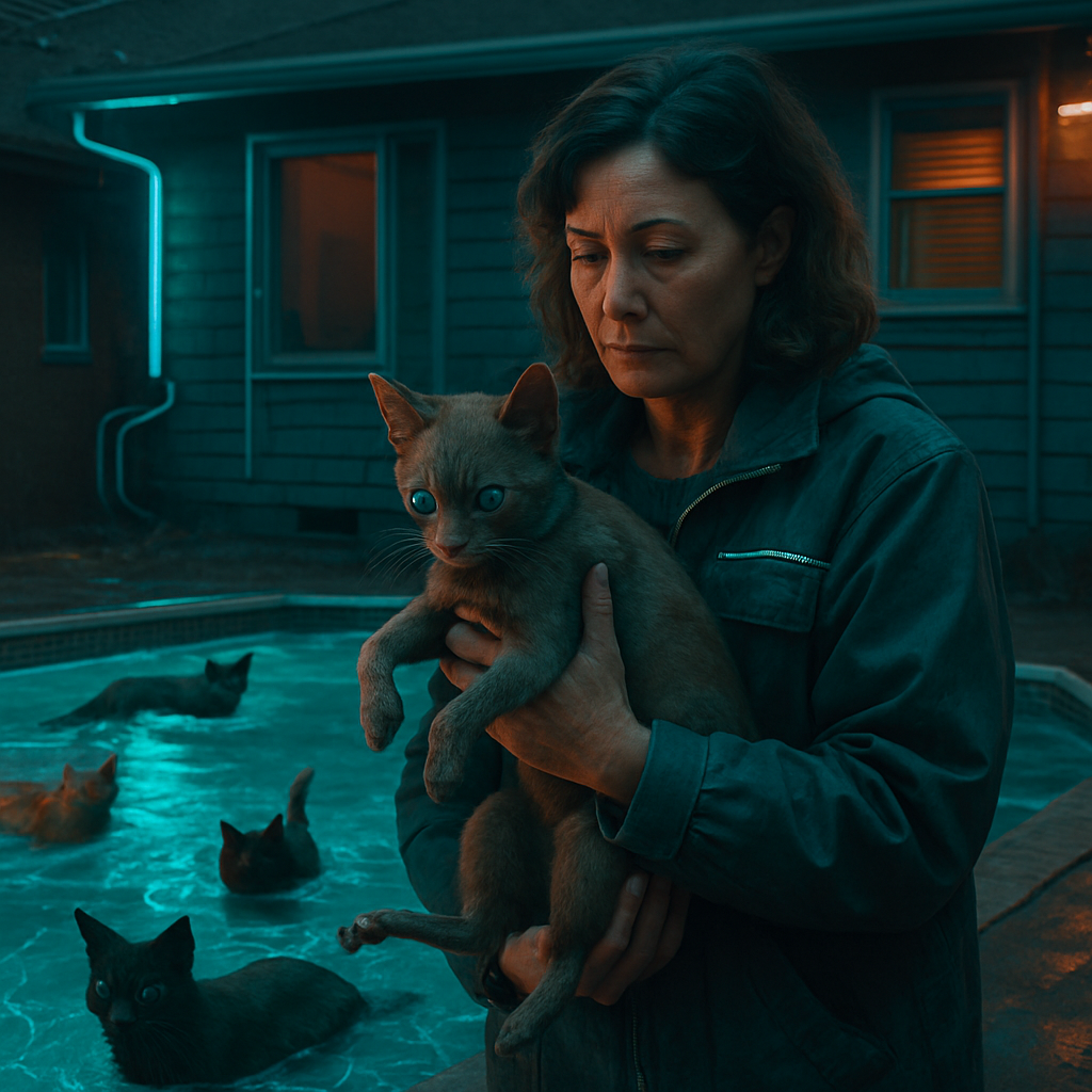 The dreamer is at their mother's house where cats, former pets, swim freely in a thawing pool. The dreamer takes responsibility for a gimpy cat/child, indicative of a nurturing role.