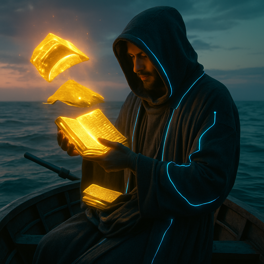 The dreamer finds themselves crossing an ocean on a boat, discovering a golden object with pages of writing, symbolizing insight or knowledge, and integrates them into their being by storing them in their robes.