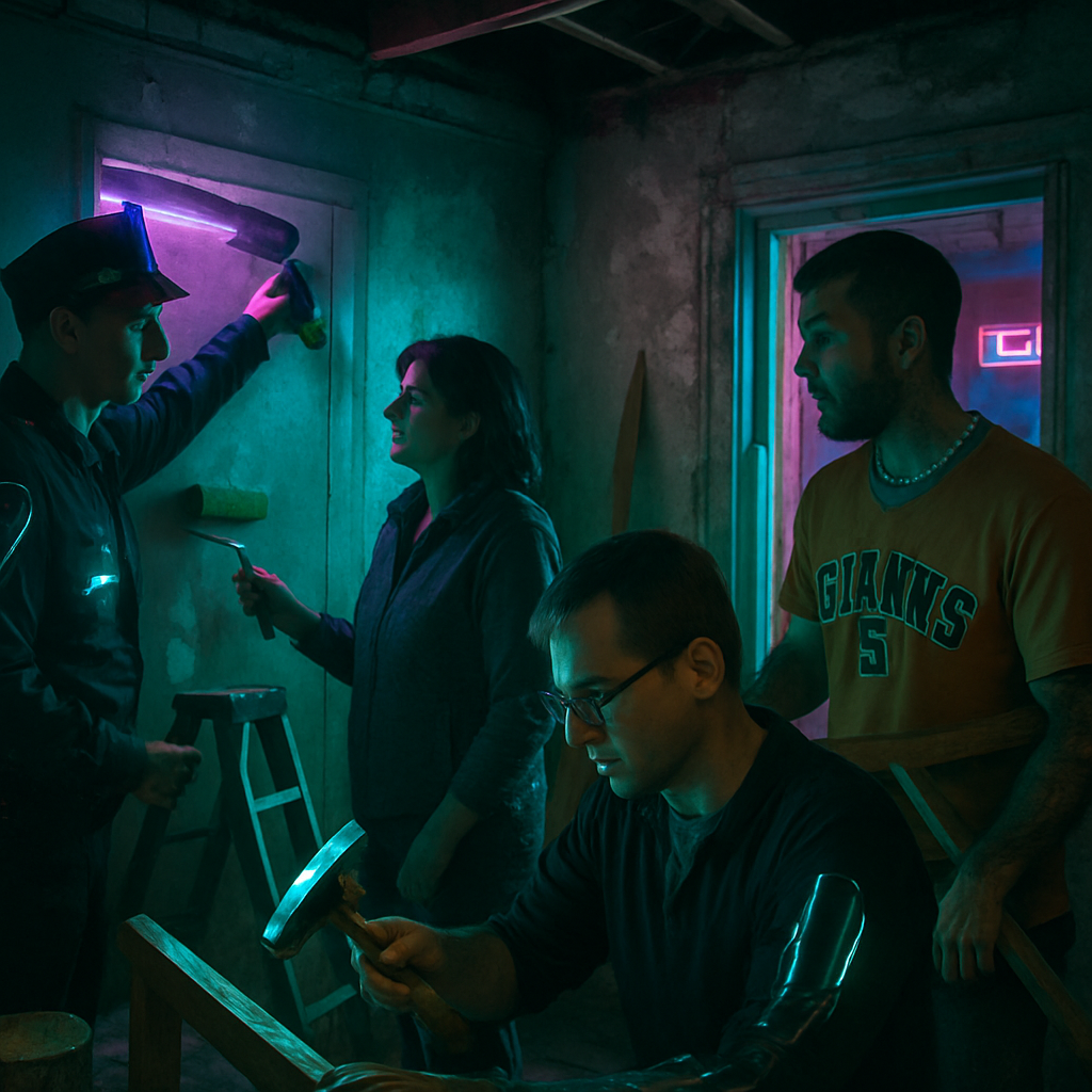 The dream involves fixing up a house with various characters including a police officer, a man with henna tattoos, and family members, creating a positive and collaborative environment.