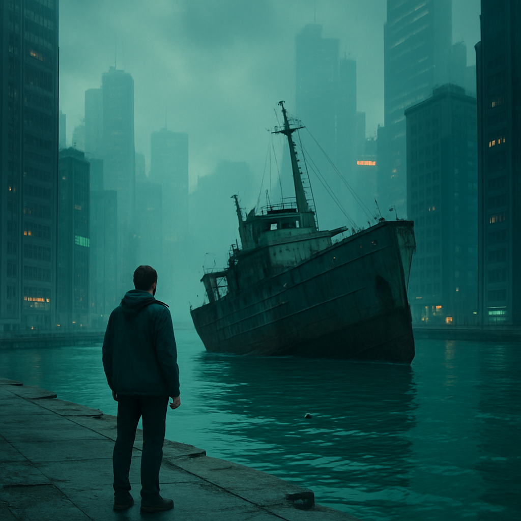 The dreamer explores a flat city near water and is intrigued by a slowly moving, partially sunken old freighter. Attempts to follow it fail as it disappears from view.