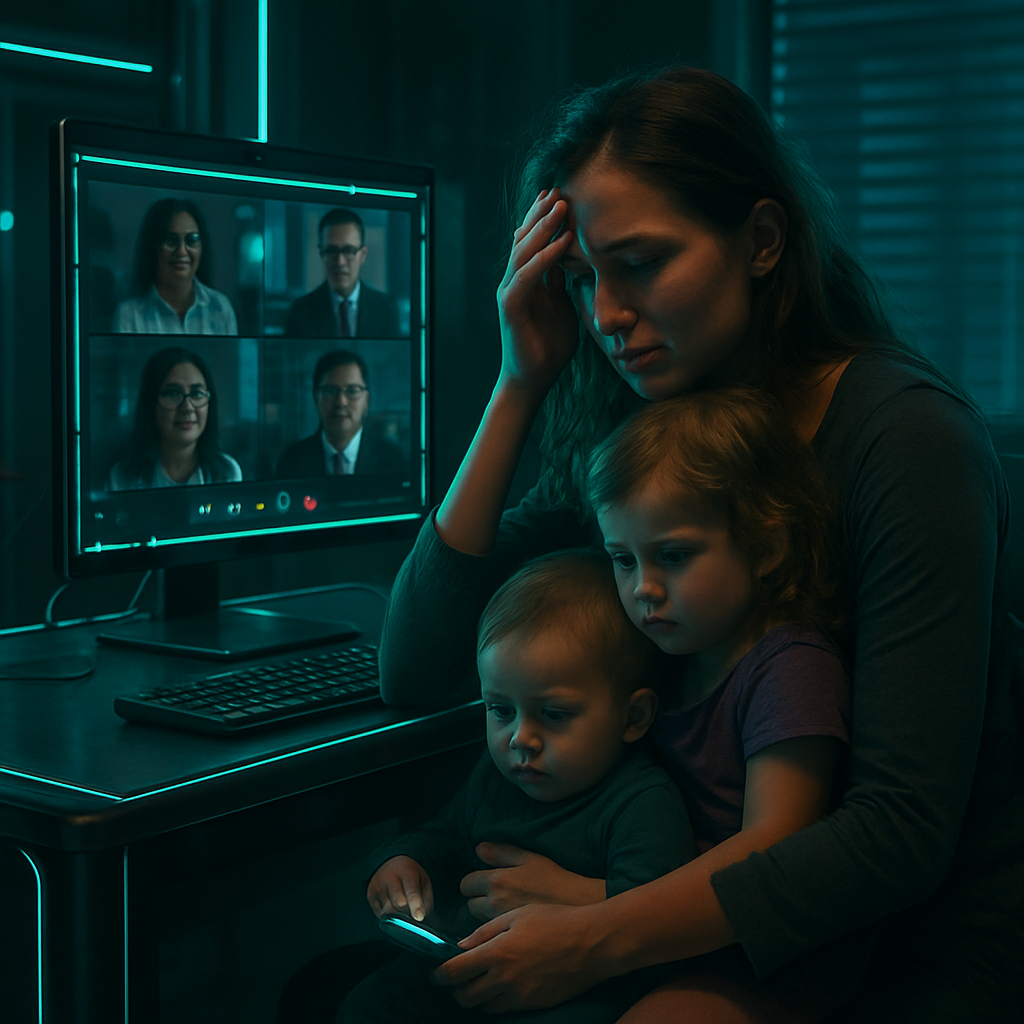 The dreamer is engaged in virtual work meetings with coworkers, facing challenges related to childcare. Feelings of sadness and overwhelm dominate the experience.