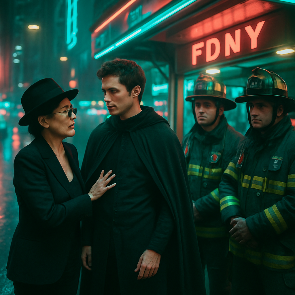 The dream involves Yoko Ono and the dreamer sharing a creative and possibly sexual energy, intertwined with a quest involving a mysterious man in a cape and firefighters offering help, possibly linked to a charitable act.