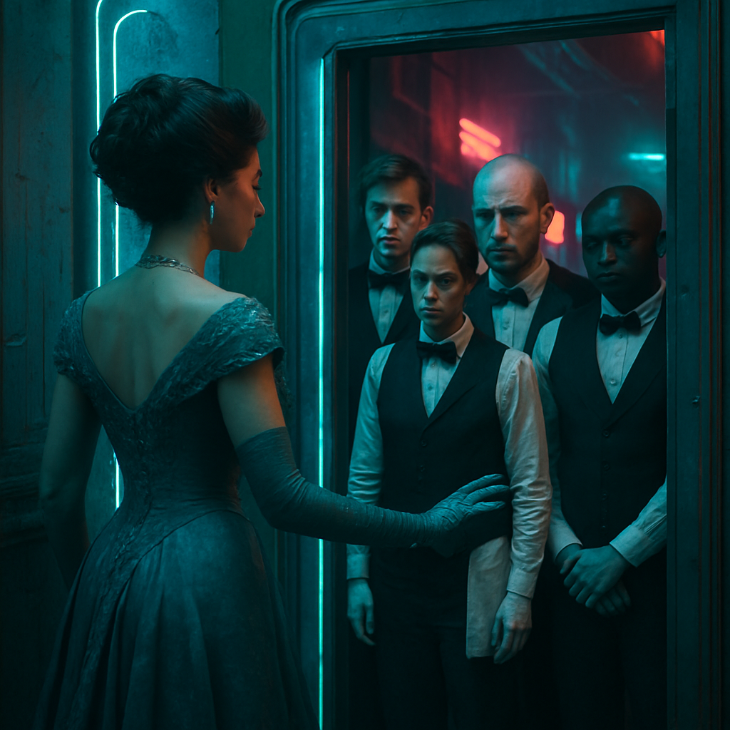 A fancy lady tries to move through an obstructed doorway but is blocked by people. She's told they are servants awaiting her instructions. Once she guides them, the path clears and harmony is restored.