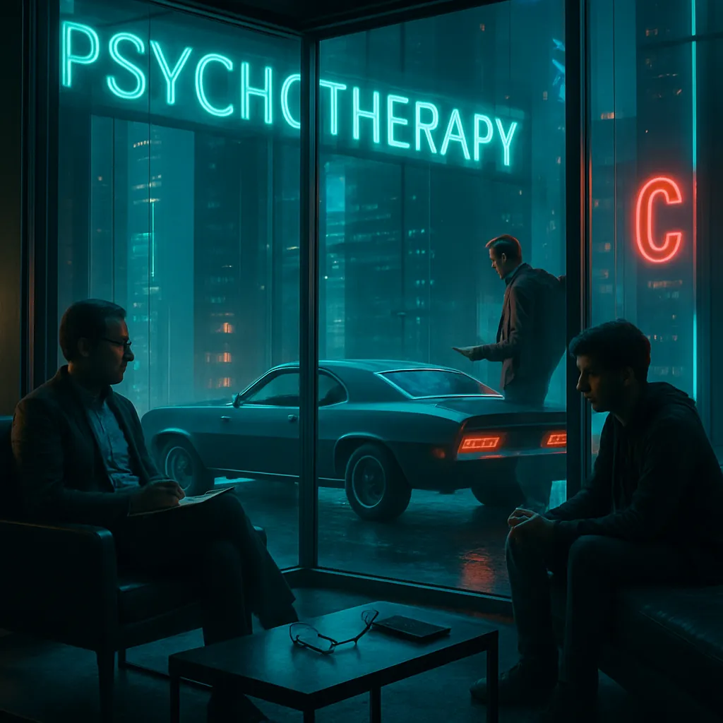 The dream involves attending a psychotherapy session in a tall building with fast elevators. A car enthusiast with a Camaro causes a delay, and the dreamer's son is present, losing personal items.