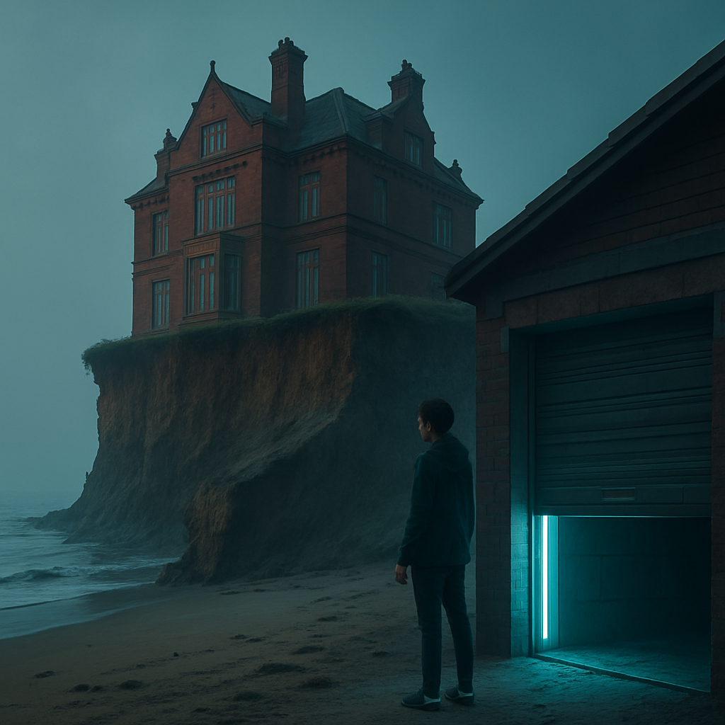 The dream involves a historic house perched on an eroding cliff, a younger person being coached in a peace effort, and a mysterious garage door opening slightly to invite unknown elements.