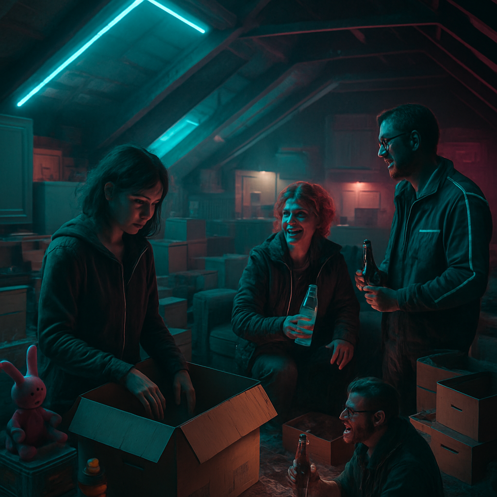 The dreamer re-lives their experience of helping their daughter move from a large house to a small apartment. The house is cluttered with belongings spanning the daughter's life, creating a mess. The attic scene involves a friend joking and giving advice over mistaken sparkling water for tequila.