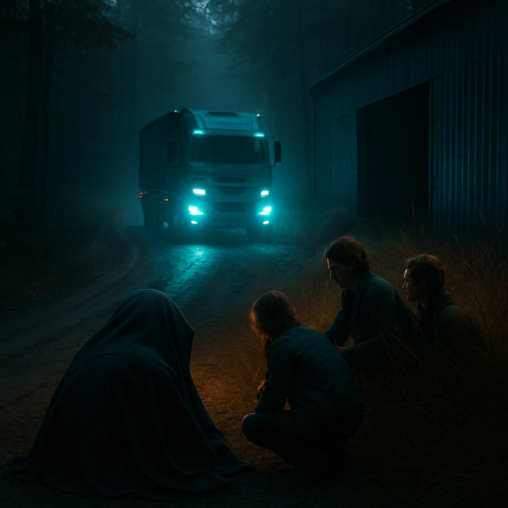 The dreamer walks along a forest road, encounters a truck, hides but is unable to see or move, and receives help from unknown people who prove to be kind.