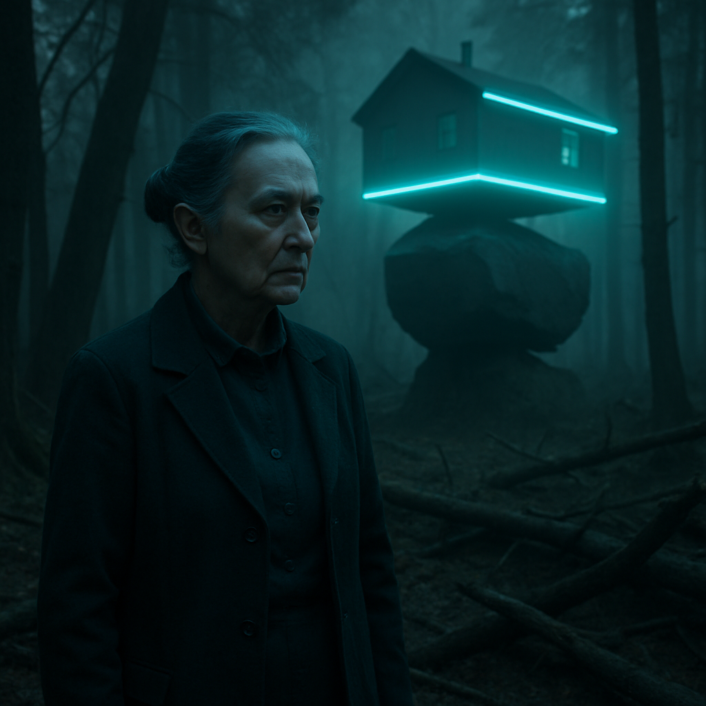 The dreamer finds themselves in a forest with broken branches and is tasked by an older woman to fire people from their jobs, under fluctuating directives. A plain house balances precariously on a rock, signifying the need to stabilize uncertain situations.