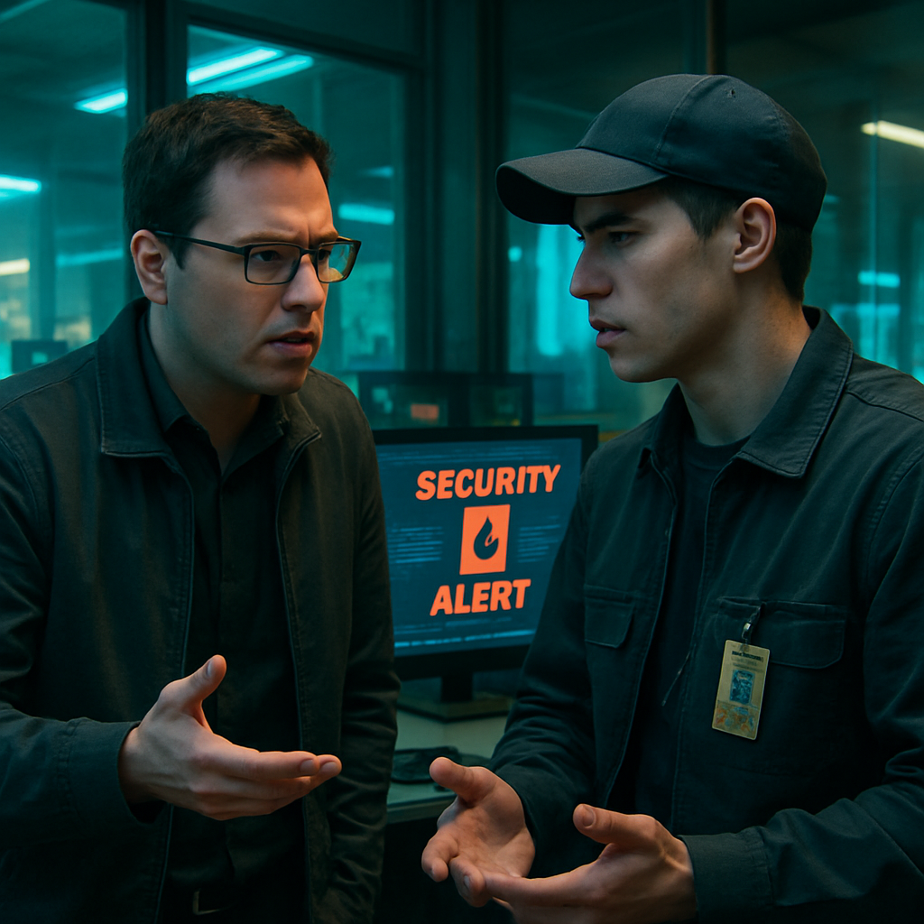 The dreamer experiences a self-observational workplace scenario, interacting closely with an unfamiliar young man, discussing a work-related security issue.