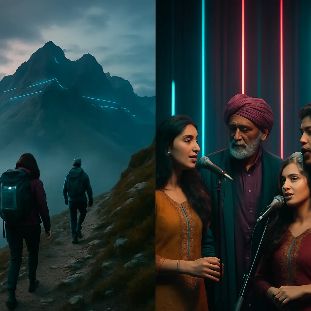 The dreamer climbs a mountain with someone else, meets an old Indian man mistaking her identity, and performs harmoniously on stage.