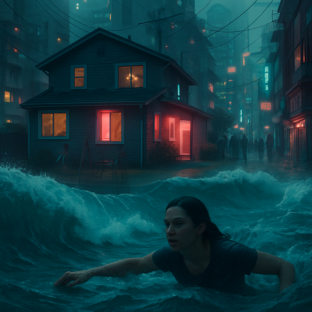The dreamer explores a crowded neighborhood, revisits a remodeled childhood home, and confidently swims under large ocean waves, guiding others through their fears.