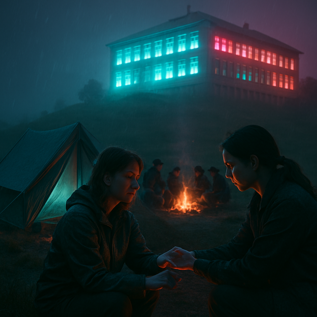 The dreamer camped on a hill with others, setting up a tent and making a fire in drizzling rain, while feeling comfortable despite the lack of electricity. A woman in a nearby school expressed curiosity, permitted fires, read the pulse, and provided insights.