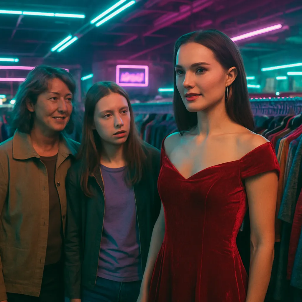 The dreamer, accompanied by Heather and her mom, searches for a prom dress in a thrift store. A red velvet dress is found and tried, transforming Heather into Natalie Portman, unexpectedly altering the dream's dynamic.