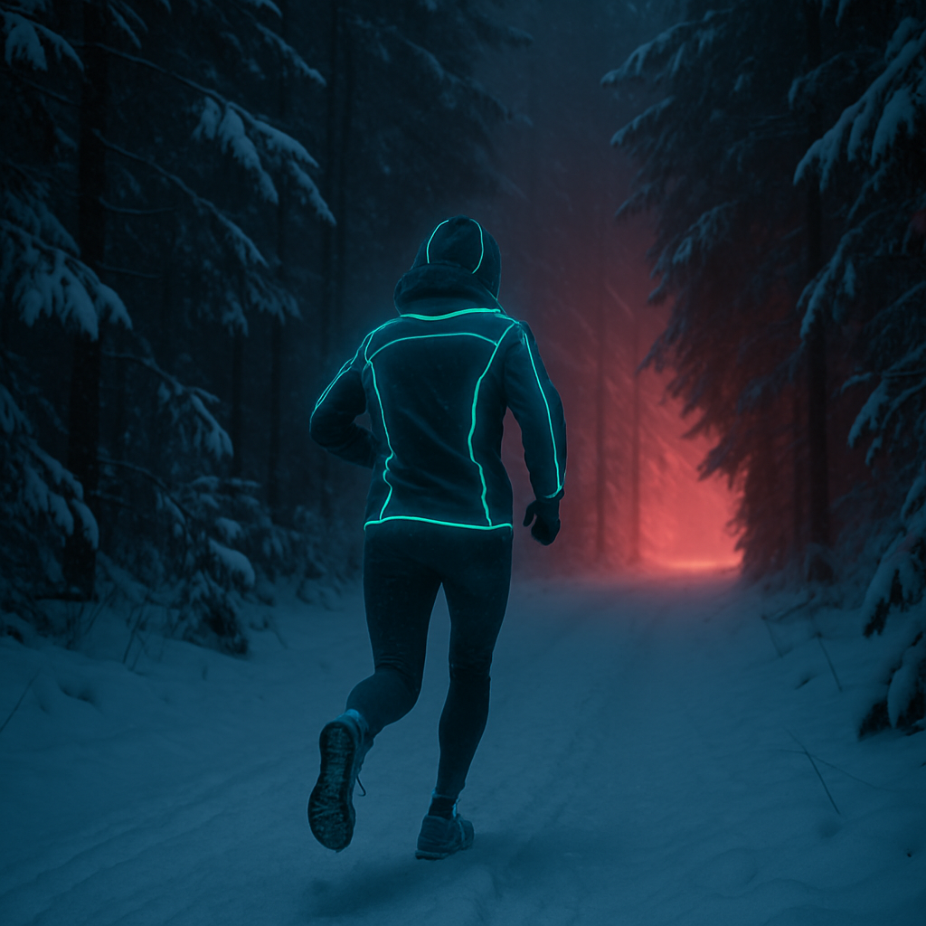 The dreamer is running through a snowy forest trail, enjoying the journey, despite knowing they are moving further from home.