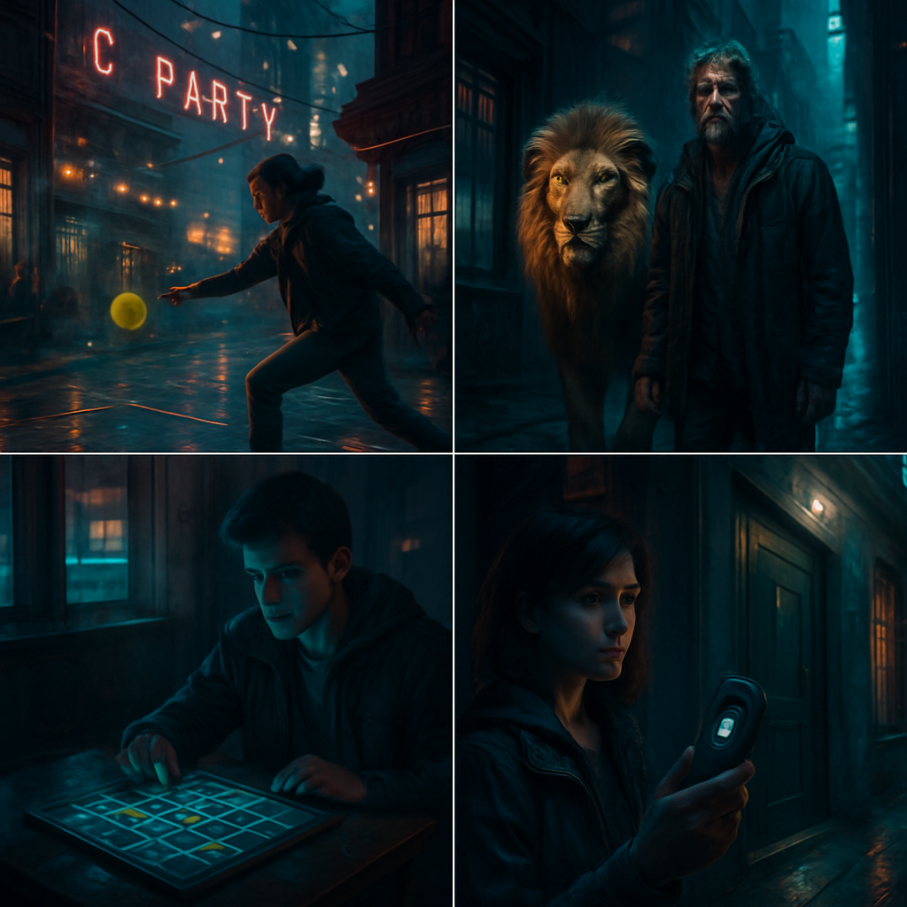 The dreamer is involved in a town party preparation, playing games, and encountering a lion with a man. The dream unfolds through different locations and social interactions, probing emotions, challenges, strategies, and awe at natural power.