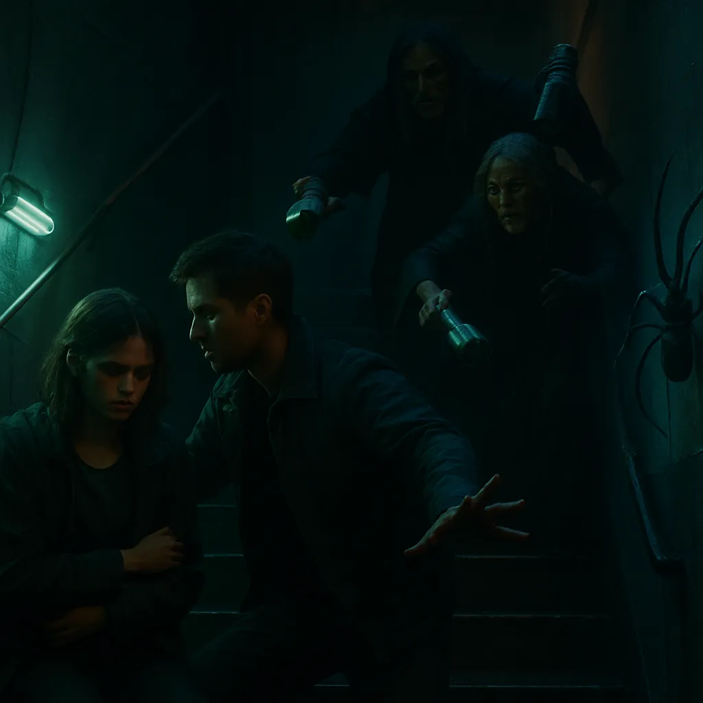 The dreamer is helping a woman doubtful of life, defends against threatening figures, and confronts fear represented by a spider.