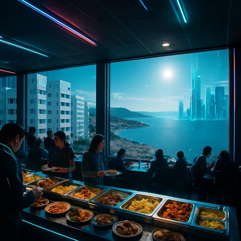 The dream takes place in the French Riviera, where the dreamer is in a high-rise restaurant or buffet with a stunning view of the sea and hills. The architecture is plain, focusing more on the vast view and environment rather than detailed design.