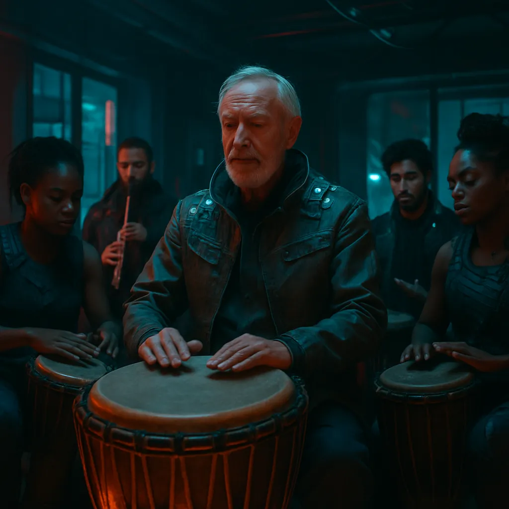 The dream takes place in a room full of musicians playing tribal instruments, led by an older man with a drum creating harmony through balance and unexpected choices.