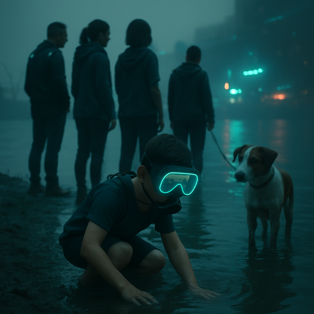 The dream involves the dreamer at a water's edge with a group of people, including a little boy who is also their current dog, Pinto. The boy impressively dives underwater using a mask, despite concerns over the murky water.