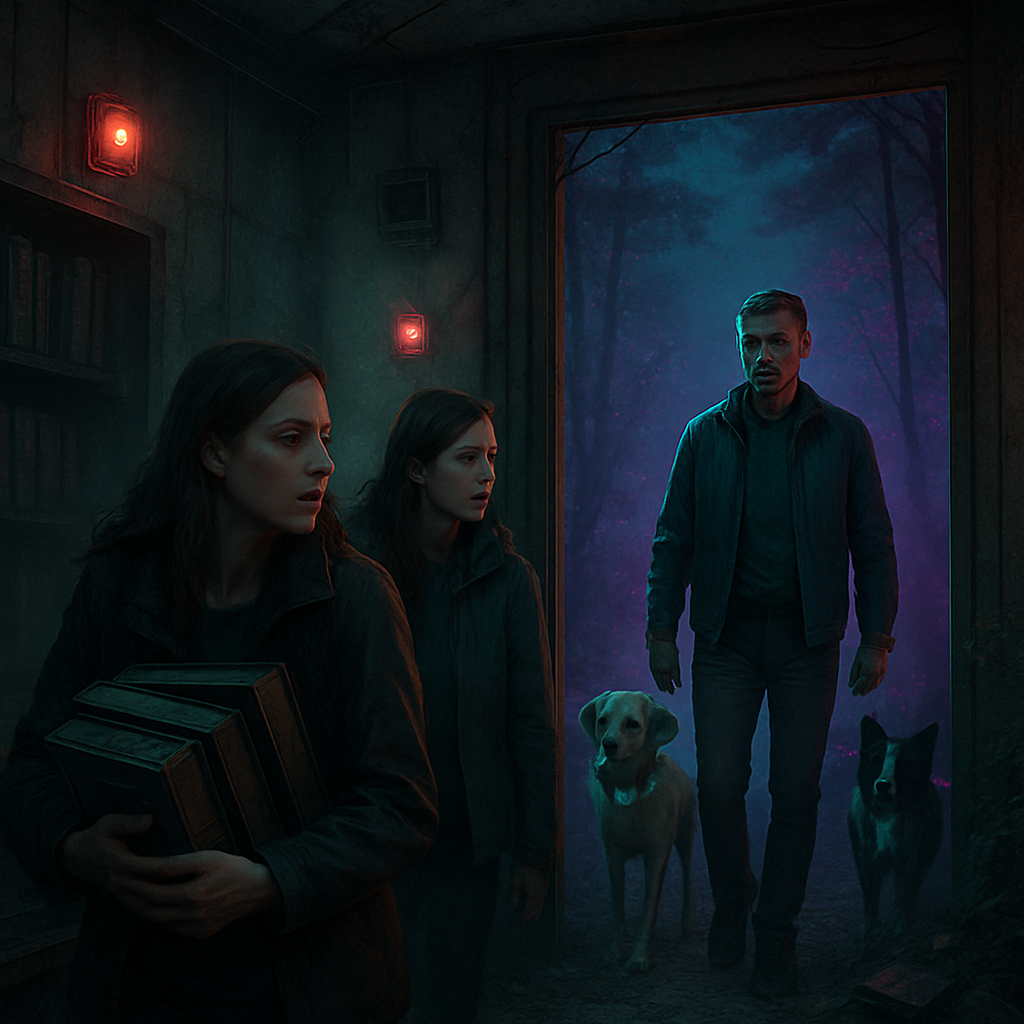 In the dream, the dreamer and a friend or sister search for old textbooks in a dusty building, feeling a sense of urgency as alarms go off. They encounter the dreamer's youthful Grandpa walking with dogs along a wooded path, planning to meet up despite the chaos.