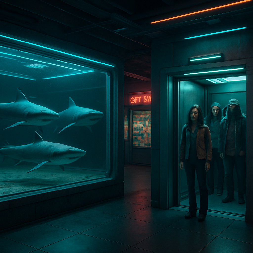 The dreamer revisits a childhood fear of an aquarium filled with sharks, now devoid of water, symbolizing control over past anxieties. An elevator challenge with a woman leads to meeting hippies, reflecting a journey of personal growth and new insights.