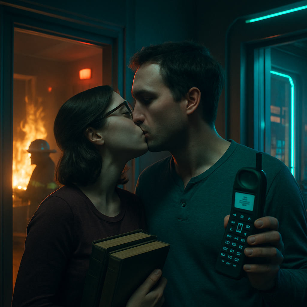 The dreamer is inside a house where a small fire starts. After realizing no one has called for help, they attempt to contact emergency services using a confusing cordless phone. The alarm goes off as they inform a firefighter. The dream ends with the dreamer's focus on salvaging important items and a moment of intimacy with their wife.
