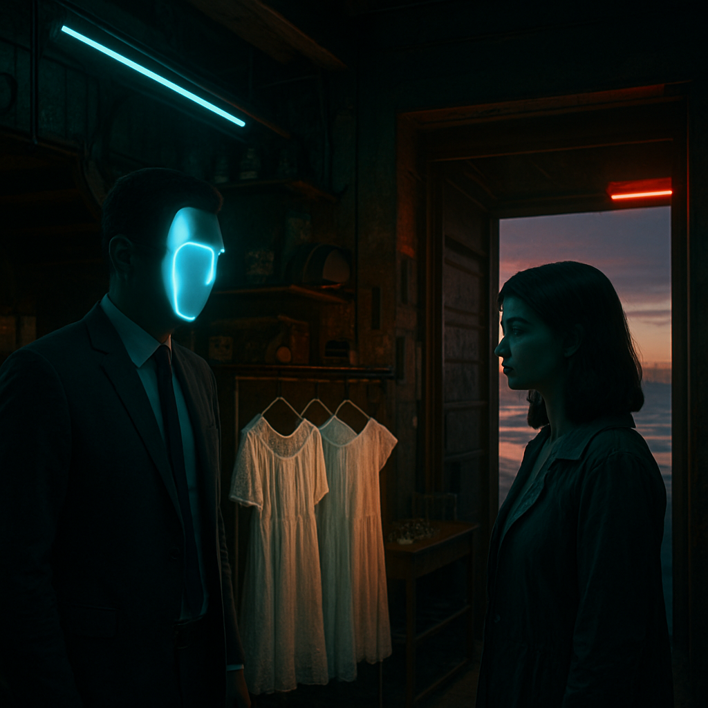 The dreamer visits a peculiar store with their husband, encounters a woman who says there's nothing upstairs, and ends the journey at a tranquil sunset beach scene.