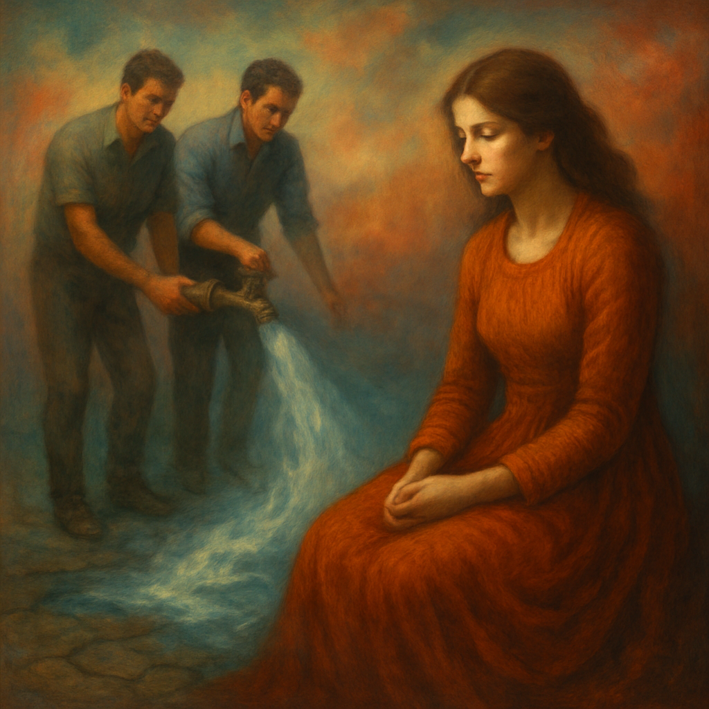Two men are seen wasting water, followed by the image of a woman sitting in a dark orange dress made of thick, corded fabric.