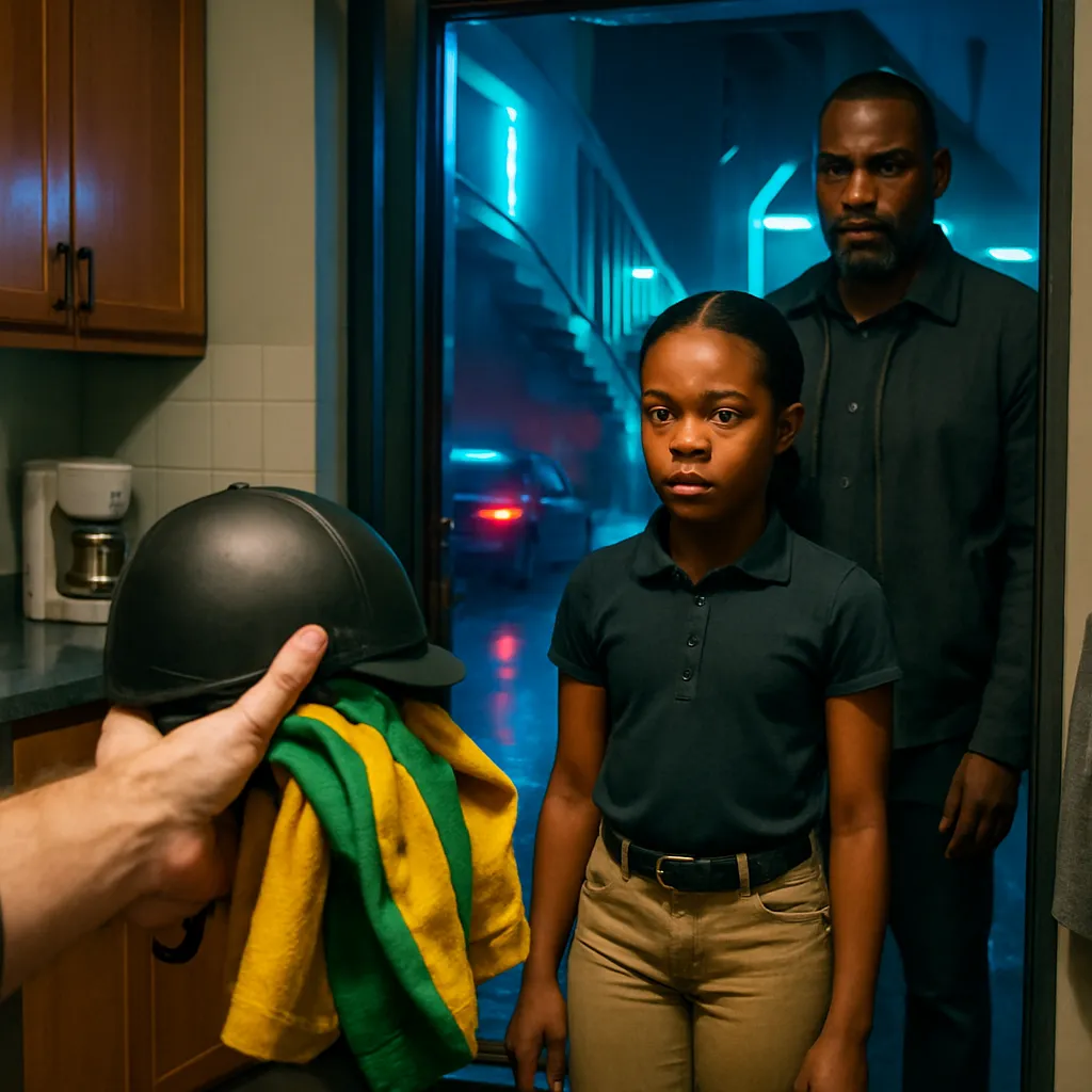 In the P house kitchen, I see a helmet and clothing and bring them inside. A black girl and her dad are going to a horse-riding class. I realize the items belong to them and rush to return them, apologizing as they look sternly at me.