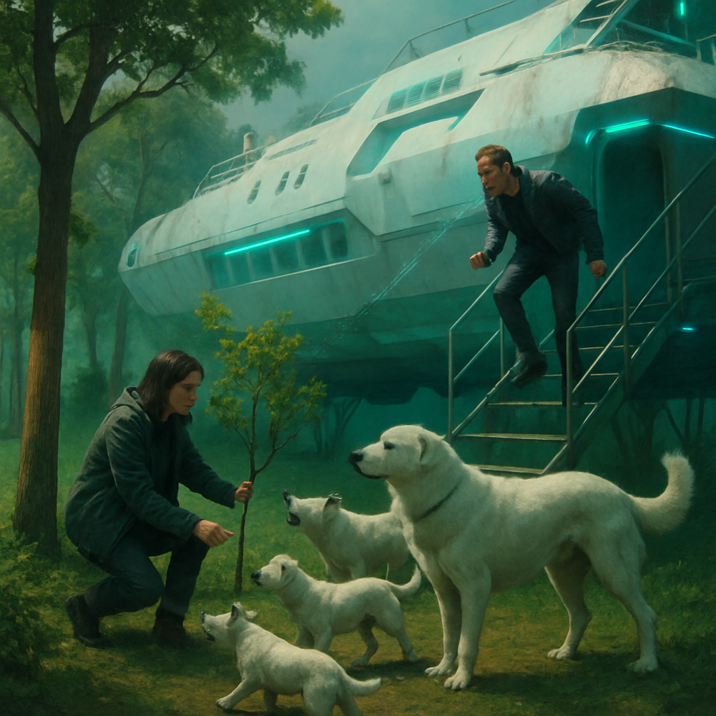 The dream involves taking care of trees, encountering a pack of white dogs with varying temperaments, exploring a detachable boat structure, and having an angry interaction with a man on a stairway.