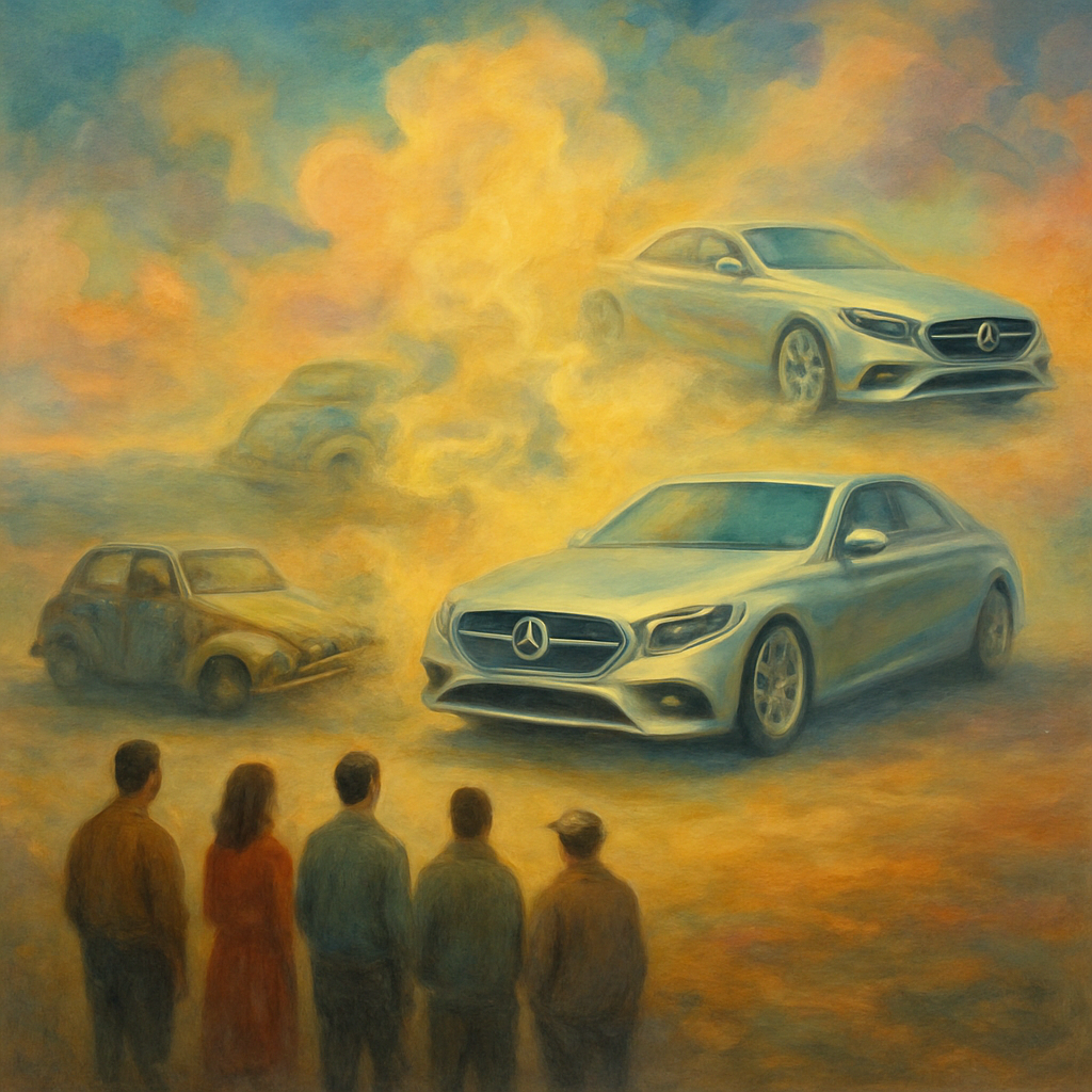 A group of people, including the dreamer, wait for change. Their old cars transform into new Mercedes, bringing joy and fulfillment to their anticipation.
