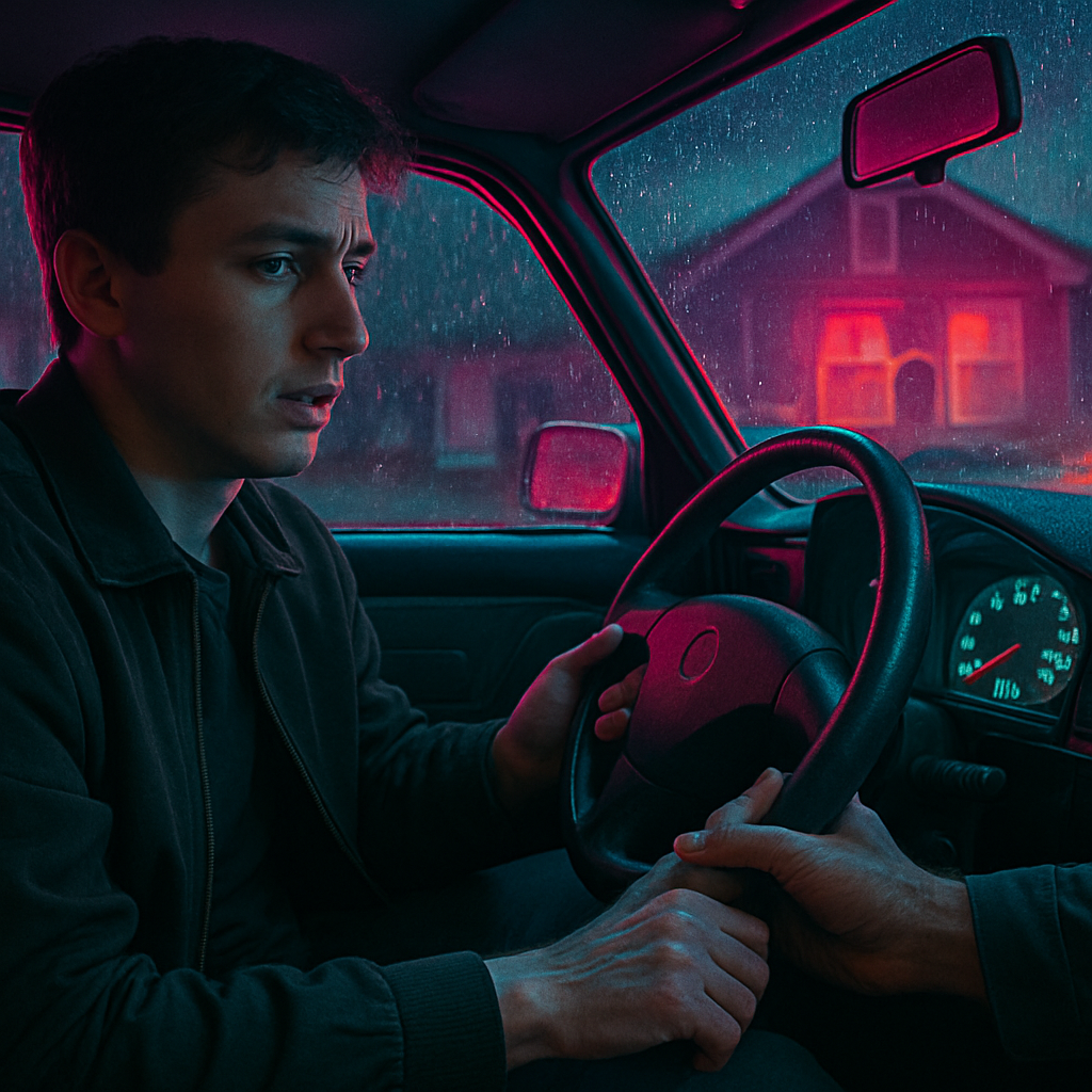 The dream involves driving an inherited car while struggling to maintain control, leading to a reliance on outside help to fix a steering issue.