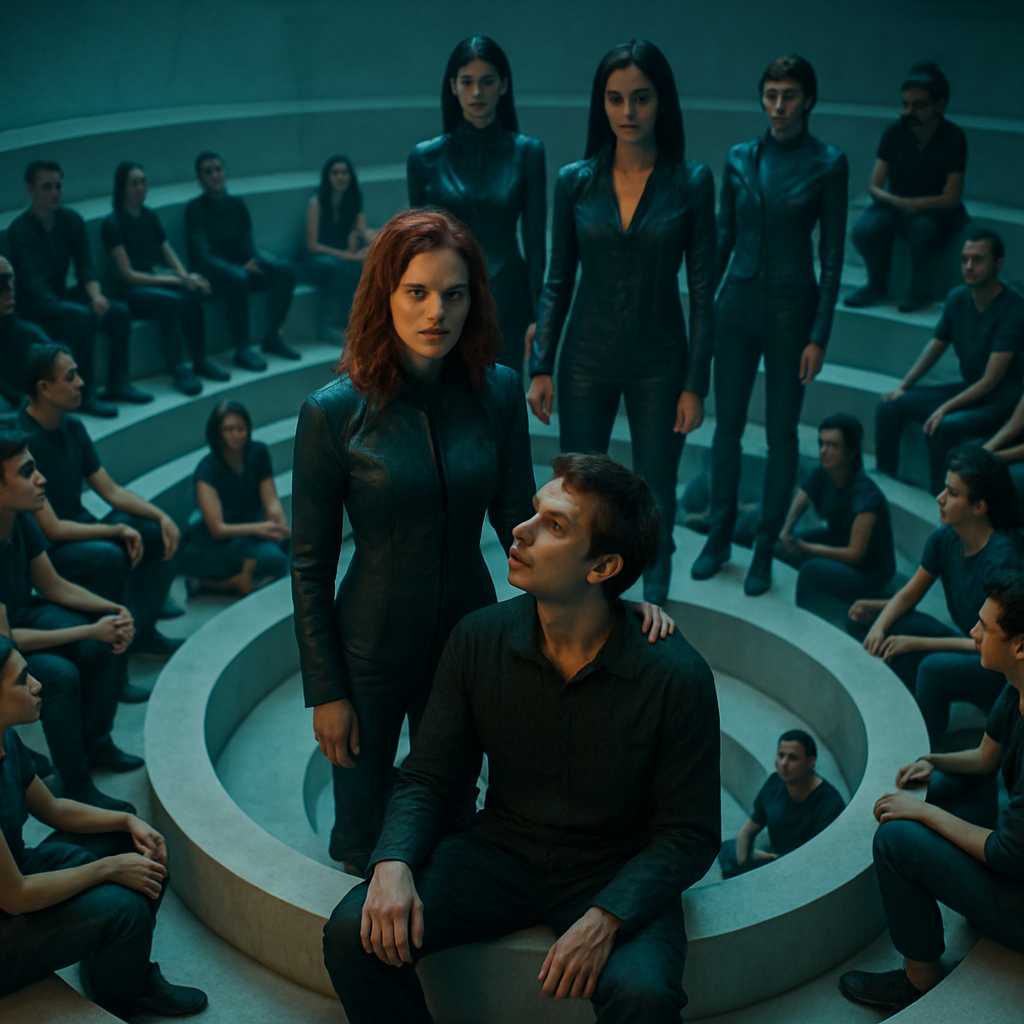 A dreamer is led by women to join others in a scene controlled by those women. Situated in concentric circles, the dream involves a peculiar sexual situation where unexpected sensations and interactions lead to acceptance and excitement.