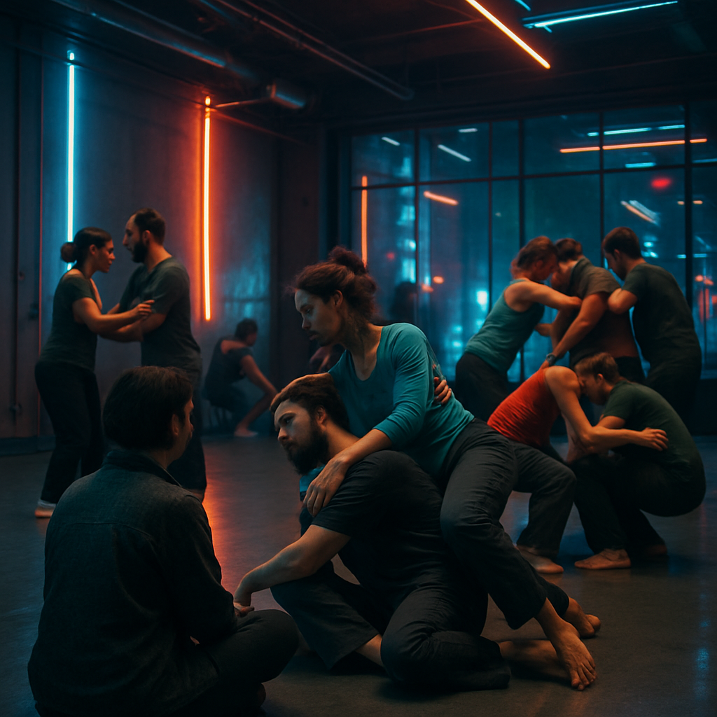 The dreamer observes people engaging in contact improvisation dance. Initially sitting on the outside, they are encouraged to join and find joy in being part of the group.