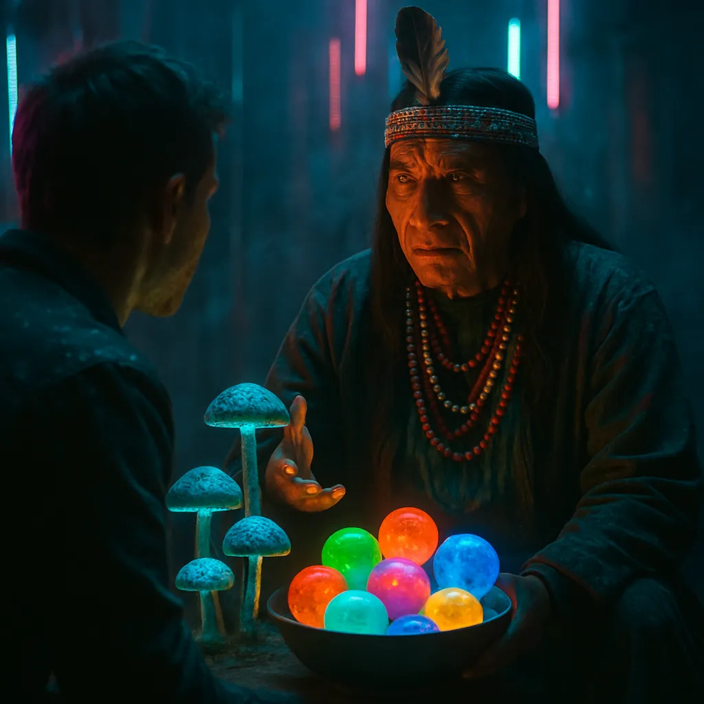 The dream involves a conversation with an Indian about a ceremony involving mushrooms, highlighting personal learning paths depicted as colorful balls.