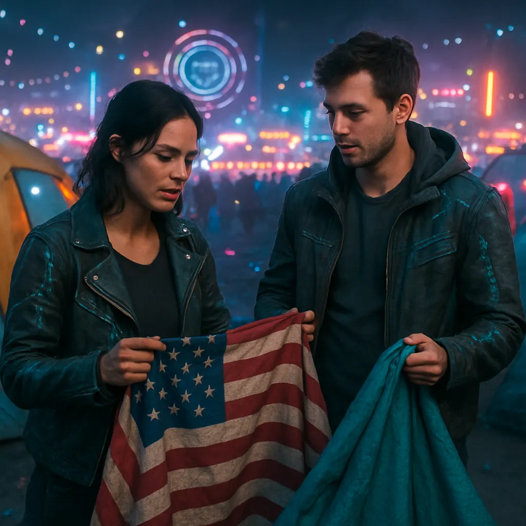 The dreamer is with their ex at a festival, choosing a tent while discussing fabric options, including a joking mention of an American flag pattern.