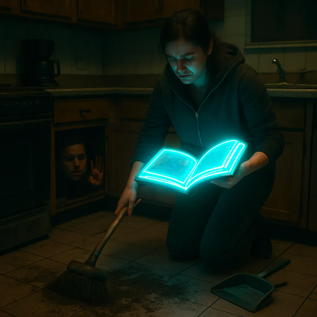 The dreamer is being ignored by someone below and is struggling with a malfunctioning light-up book while trying to clean a dirt-covered kitchen floor.