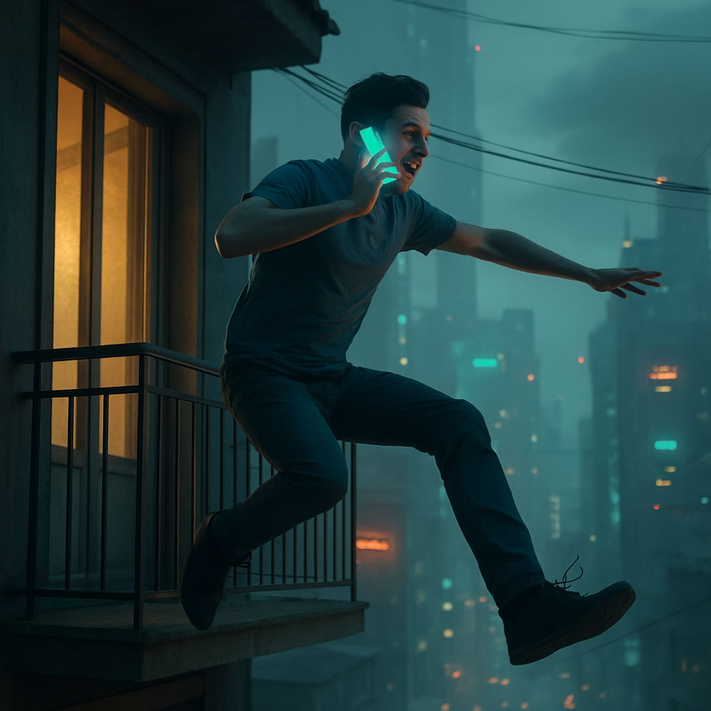 The dreamer experiences a liberating jump off a balcony after a phone call, symbolizing freedom and release from constraints.
